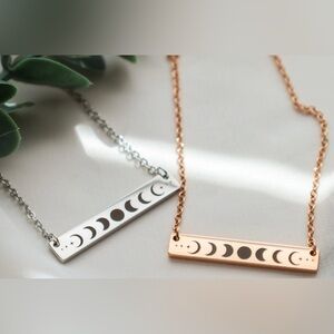 NEW Rose Gold Plated Celestial Necklace with Moon Phases and Bar Pendant, 16-18”